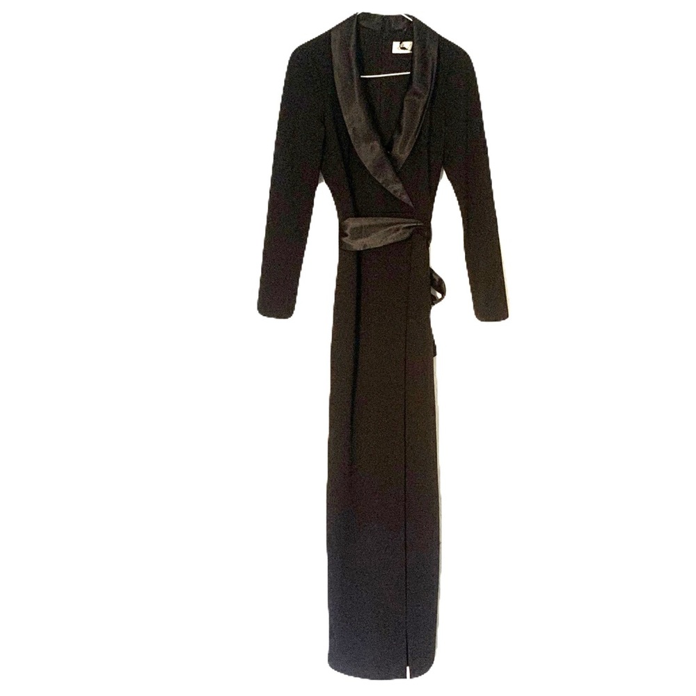 Eliza J Womens 2 Black Long Sleeve Satin Trim tie Waist Tuxedo Maxi Dress Formal